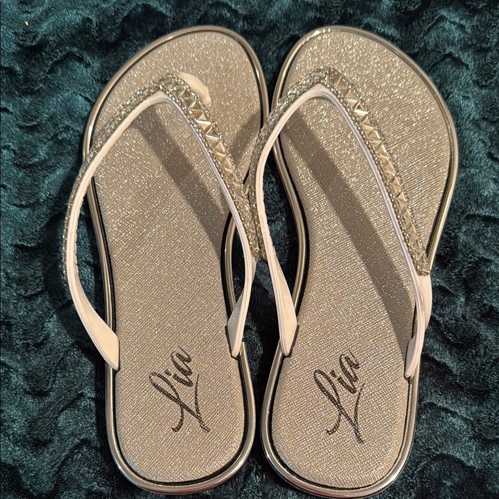 Silver Sandals with Shimmery Straps and Textured Footbed